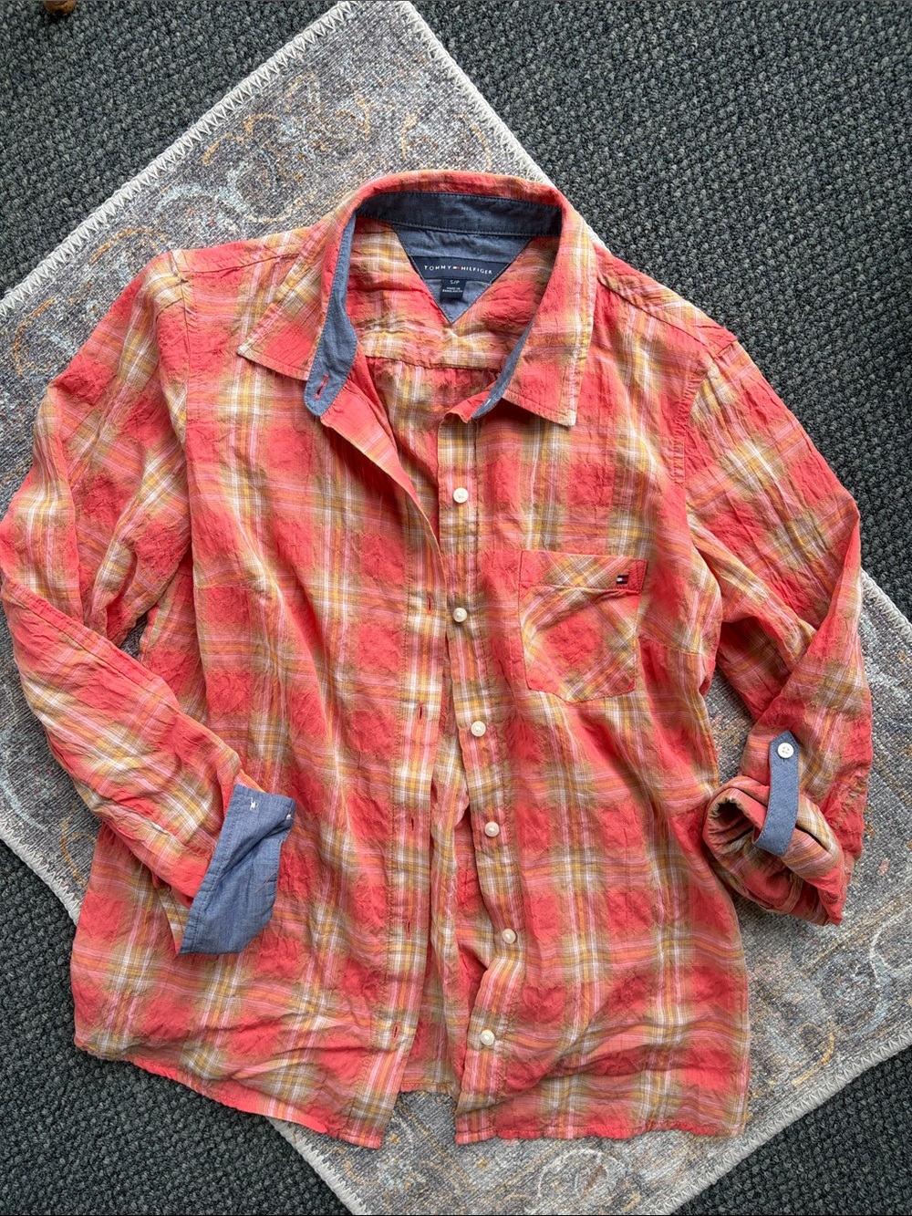 Tommy Hilfiger Lightweight Coral Plaid Button-Up Shirt - Women's Top